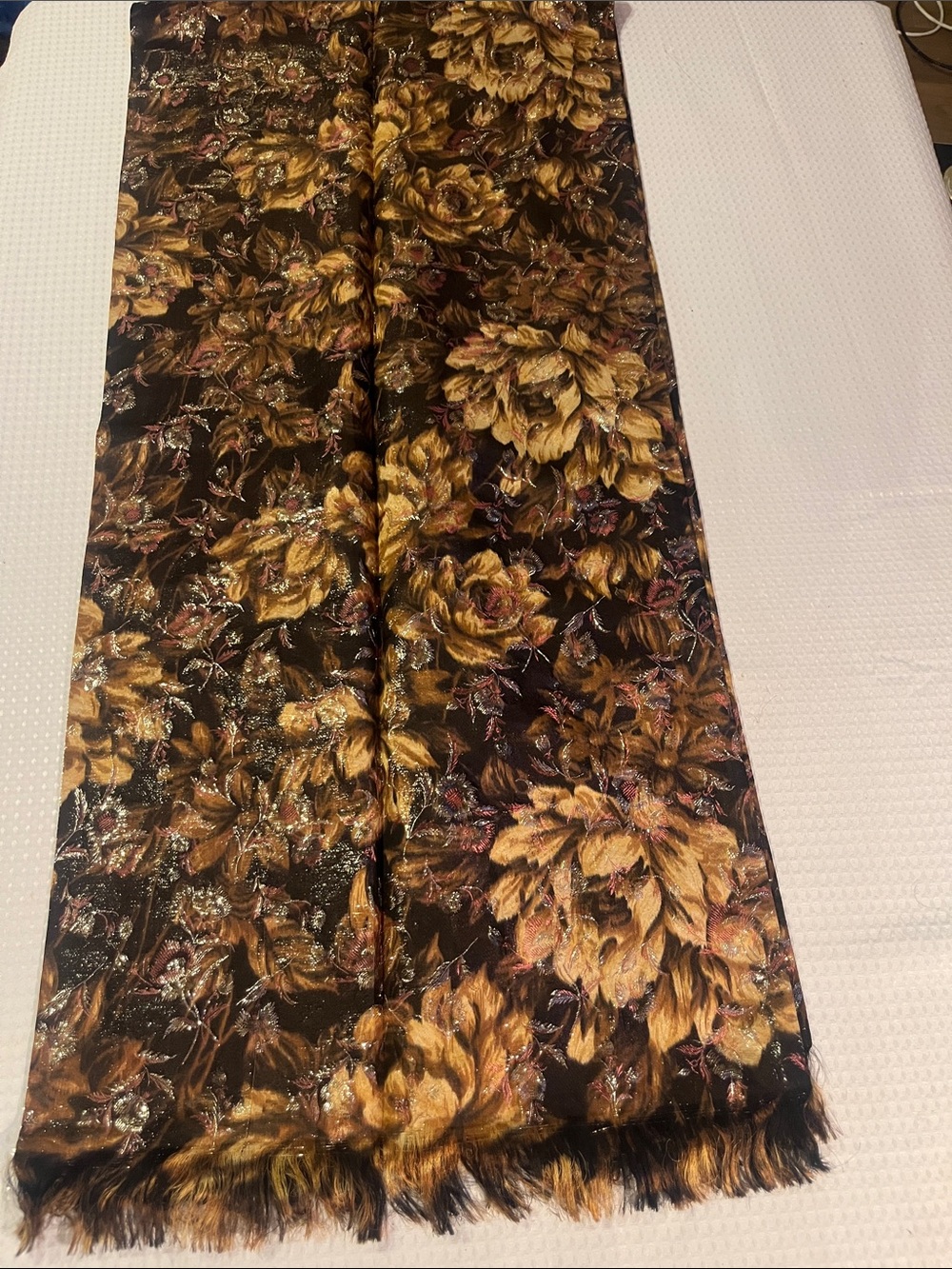 Elegant Long Flors Satin -like Scarf in Black, Gold and Brown